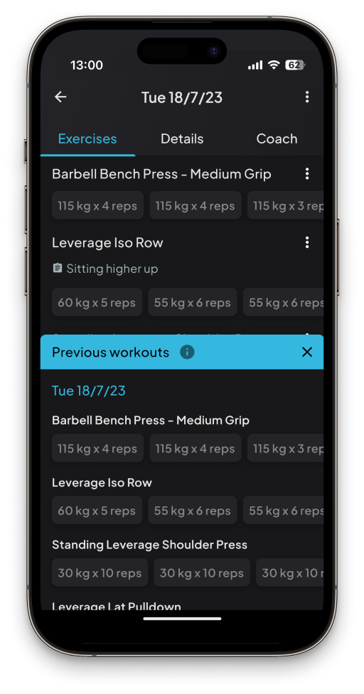 Previous workouts dialog